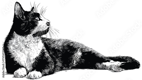 Majestic Black and White Sitting Cat Graphic Design Illustration