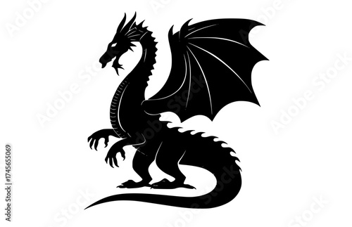 a black silhouette of a dragon on a plain transparent backgroundblack, dragon, illustration, profile, tail, wing 