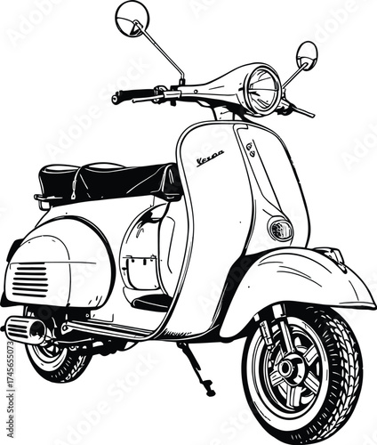 Vintage Vespa Scooter Silhouette Vector Featuring Rounded Shield, Headlight, Mirrors, and Cushioned Seat in Line Art Style