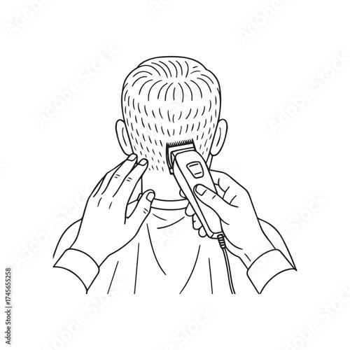 First person point of view vector line art illustration of a barber