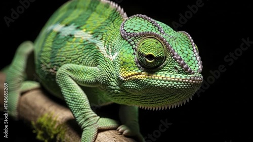 A detailed close-up photograph of a green chameleon on a branch The reptiles textured scaly skin and large focused eye are prominent against a solid black background