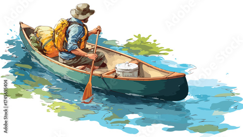 Man Canoeing Recreation in Nature Vector Illustration Isolated