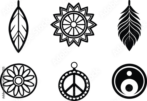 hippie, peace, spiritual, icon, set, glyph, outline, boho, bohemian, gypsy, symbol, sign, love, harmony, balance, meditation, yoga, zen
