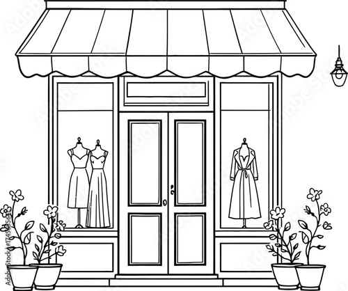 Fashion Boutique Silhouette Vector Featuring Awning, Mannequins in Dresses, Display Windows, and Floral Decor in Line Art