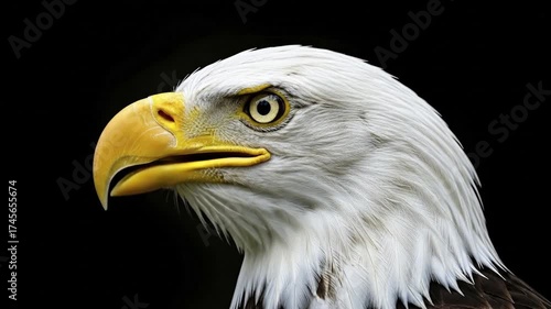 A detailed close-up profile of a raptors head with white feathers and a sharp yellow beak set against a solid black background