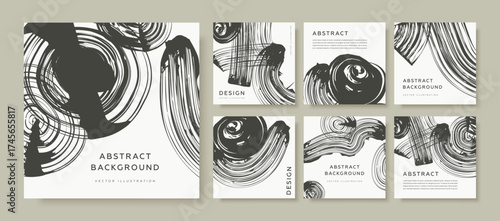 Abstract modern square cover, banner, poster, flyer design template with hand drawn ink brush strokes on white background. Grunge texture background set. Vector illustration