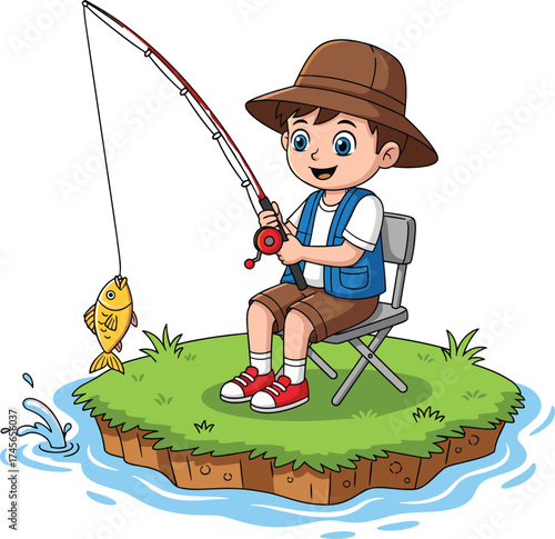 Cartoon child fishing on small grassy island with folding chair, wide hat, fishing rod, caught yellow fish, playful outdoor scene, cad drawing flat vector illustration