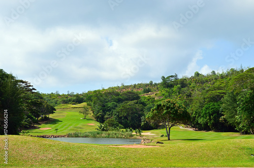 Green golf field. Praslin, Seychelles.