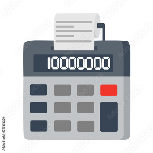 Vector illustration of a printing calculator with the large number '10000000' (Ten Million) on the screen and a receipt coming out. Concept of finance, wealth, and business success.