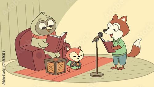Charming cartoon animals sharing stories reading aloud, cozy reading time, captivating tale, children's illustration, family bonding moment, vector art style