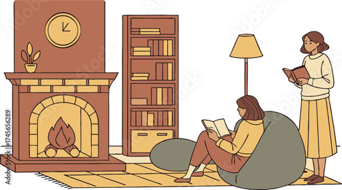 Cozy reading time together indoors, friends enjoying books by the fireplace, relaxing and unwinding in a warm, inviting home atmosphere