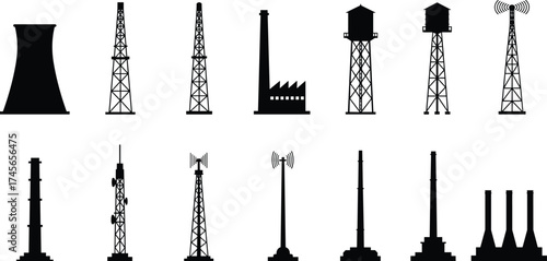 Industrial infrastructure silhouettes, cooling tower, oil derrick, drilling rig, factory buildings, water towers, communication towers, smokestacks, energy production, utility structures, urban engine