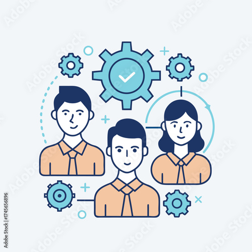 Team of Business People with Settings Gear Icons in Line Style on White Background