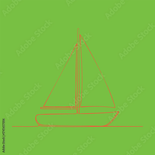 Minimalist line drawing of a sailing boat with a single mast and triangular sails on a vibrant green