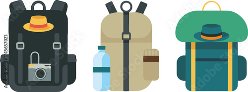 Backpacks with accessories, travel gear, hiking essentials, outdoor setup, camera, water bottle, hats, adventure-ready, camping items, stylish backpack designs