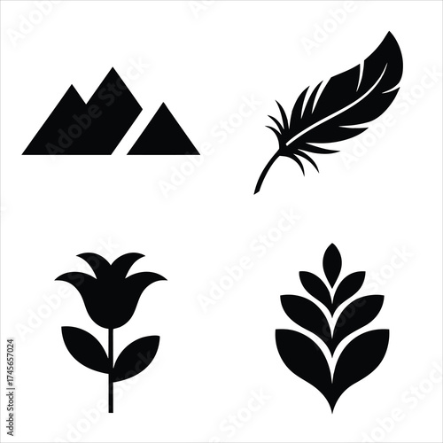 A Collection of Stylized Nature Icons Featuring Mountains Feather Flower and Abstract Plant