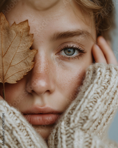 Close-up view of a freckled woman’s eye with a dried leaf near her face and hands wrapped in a knit sweater. Autumnal softness and warm natural textures.