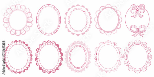 Collection of decorative pink scalloped circles and oval frames with bows for design elements