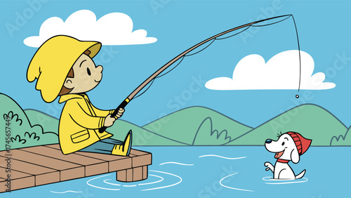 Cheerful cartoon boy fishing from a dock with his dog, creating a happy outdoor scene, ideal for children's books or educational content