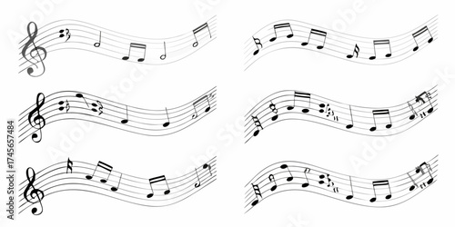 Collection of six wavy musical staffs with various notes and clefs on white background