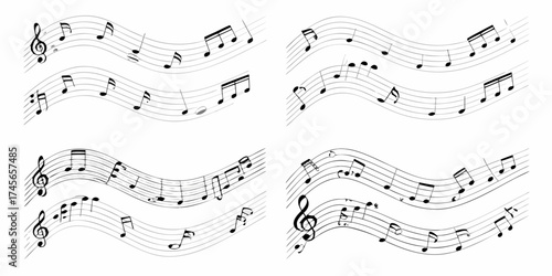 Collection of wavy musical staffs with black notes and treble clefs on white background