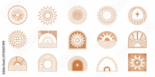 Collection of boho style sun and celestial icons in warm terracotta orange hues