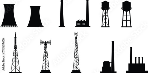 Industrial infrastructure silhouettes, cooling towers, smokestack, factory buildings, water towers, communication towers, transmission towers, energy production, utility structures, urban engineering,
