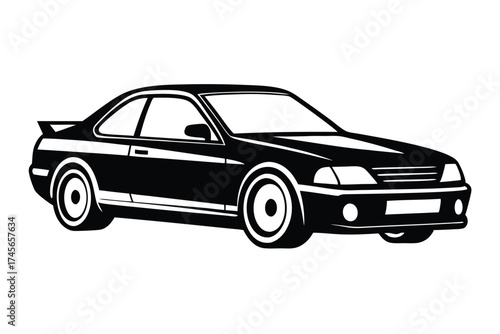 Black TwoDoor Car with Spoiler, Side Stripes, and Sporty Wheels Illustration