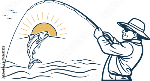Vintage fishing illustration showcasing a fisherman catching a fish with sun rising, ideal for outdoor adventure themes or classic design projects