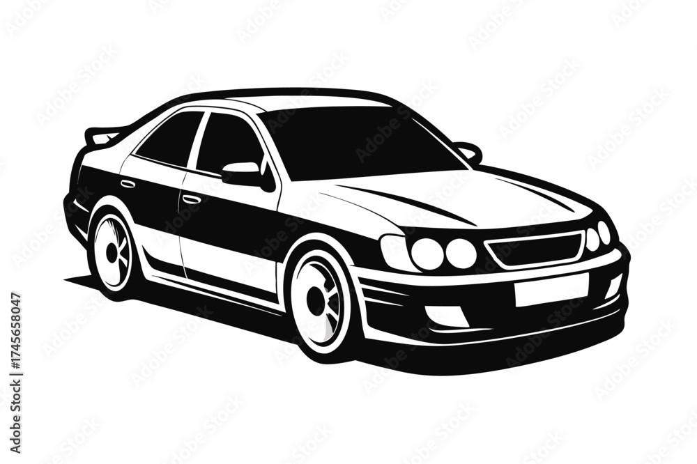 Fototapeta premium Stylish Black and White Car Illustration Detailed Sedan with Spoiler and Custom Wheels
