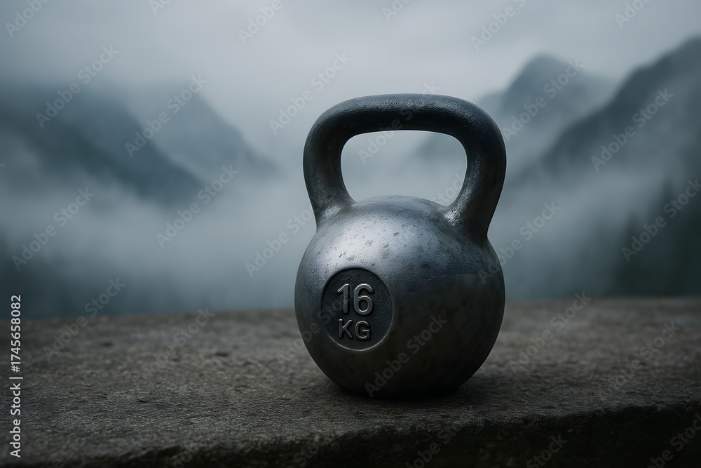 Fototapeta premium Misty Mountain Landscape with a Kettlebell Weights for Fitness and Training Outdoors