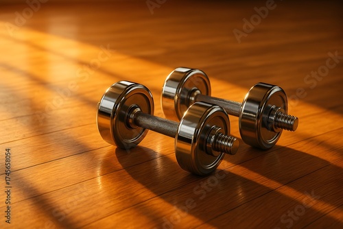 Dumbbells on Wooden Floor Illuminated by Warm Natural Light in Gym Environment for Fitness and Strength Training