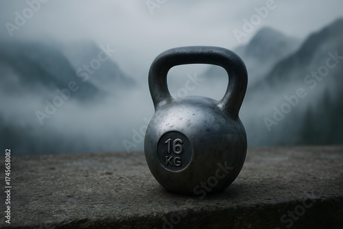 Misty Mountain Landscape with a Kettlebell Weights for Fitness and Training Outdoors