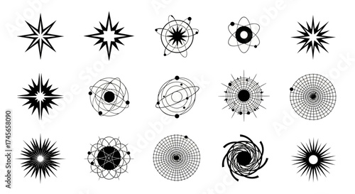 Collection of abstract black and white celestial and atomic symbols designs isolated on white