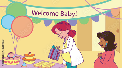 Celebrating baby shower joy with expectant mothers, gifts, cake, balloons, and heartfelt welcome wishes for a new baby arrival