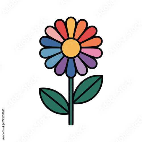 Colorful Flower with Petals in a Rainbow of Colors and Green Stem Leaves