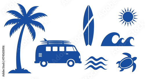 Tropical Summer Vector Illustration Featuring Palm Tree, Surfboard, Van, Sun and Sea Elements