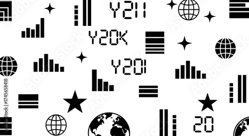 Monochromatic abstract pattern featuring financial data symbols and global connectivity icons
