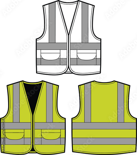 safety, vest, vector, CAD, reflective, clothing, construction, gear, workwear, outline, yellow, PPE, uniform, apparel, schematic, safety vest, high visibility, construction gear, reflective stripes, C