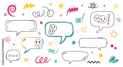 Colorful Hand-Drawn Speech Bubbles and Doodle Elements for Creative Design and Communication