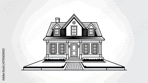 Detailed house illustration black and white vector graphic of a home perfect for real estate or architectural design