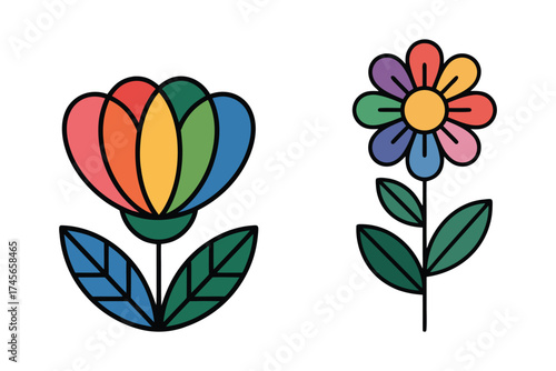 Colorful Botanical Illustration Featuring Two Simple Geometric Flowers with Bold Outlines and Modern Design