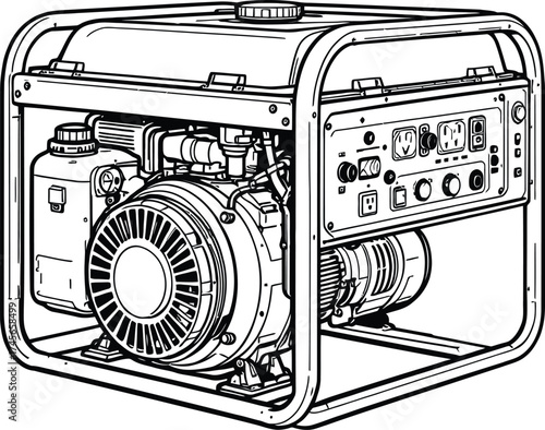 Portable Generator Silhouette Vector Featuring Engine, Fuel Tank, Control Panel, and Frame in Technical Black Line Art Style