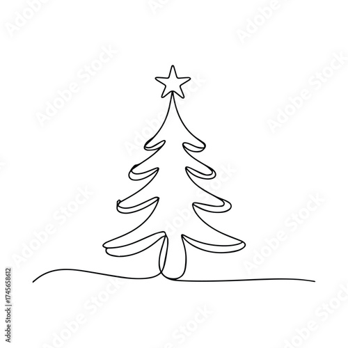 Simple continuous line drawing of a christmas tree with a star on top