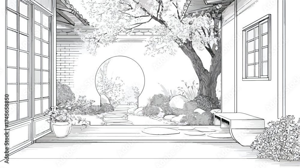 Fototapeta premium Tranquil Asian Home Entrance Garden: Serene Interior Design View