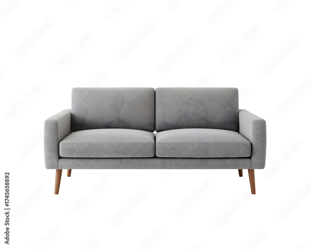 Obraz premium Contemporary gray sofa with wooden legs standing isolated on a clean backdrop