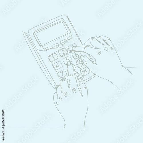 Close-up of hands pressing buttons on a modern point-of- terminal for transactions
