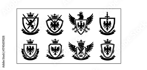Heraldic shield emblems featuring eagles lions and crowns in black and white suitable for logo design and historical or fantasy themed projects and branding