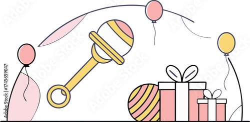 Sweet baby shower celebration for a new arrival with gifts, balloons and a rattle, adorable vector illustration, perfect for invitations and cards