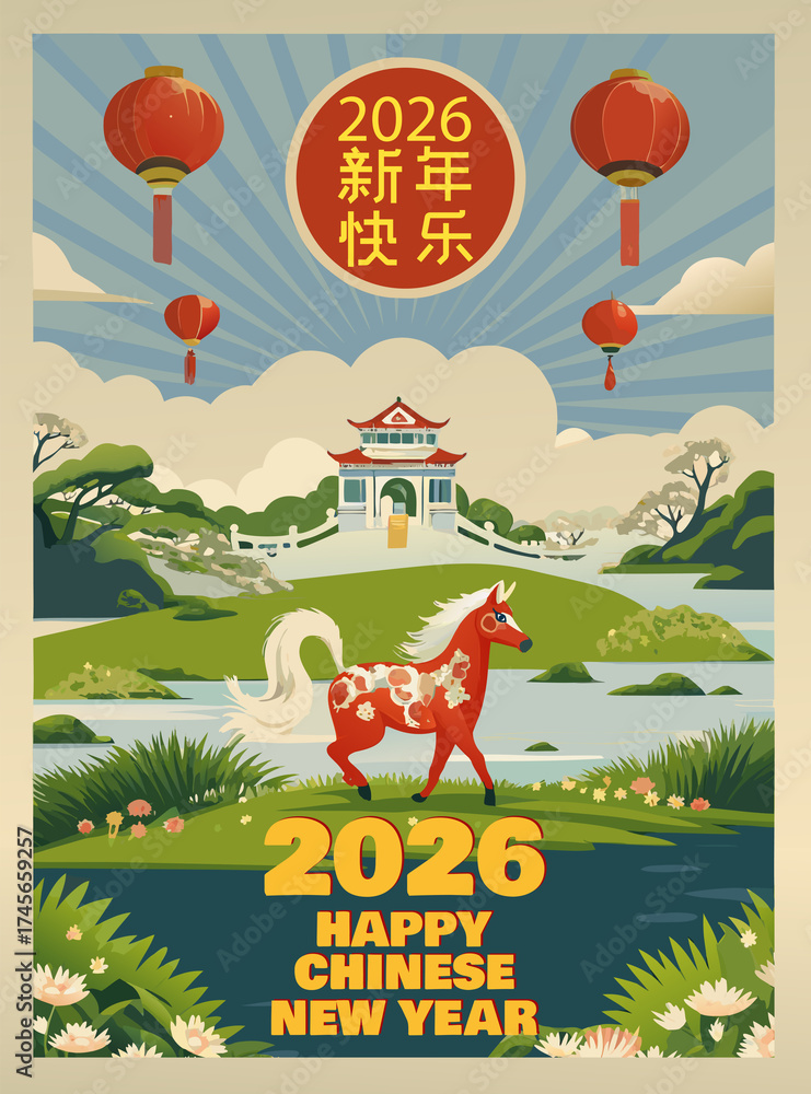 Obraz premium Lunar New Year 2026 celebration poster featuring the red horse zodiac sign